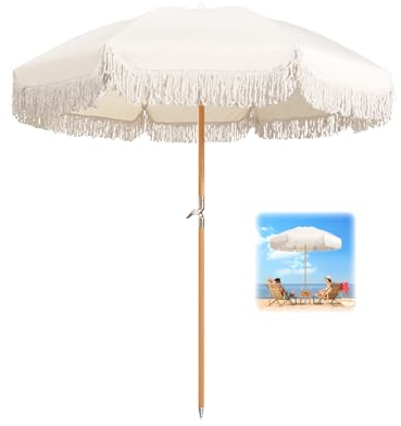 Fransenschirm für den Außenbereich, Terrasse, weißer Strandschirm, LSF 50+, Boho-Regenschirm mit Quasten, 180 cm, Gartenschirm, tragbar, mit neigbarem Tischschirm, winddicht, Poolschirm, wasserdicht,