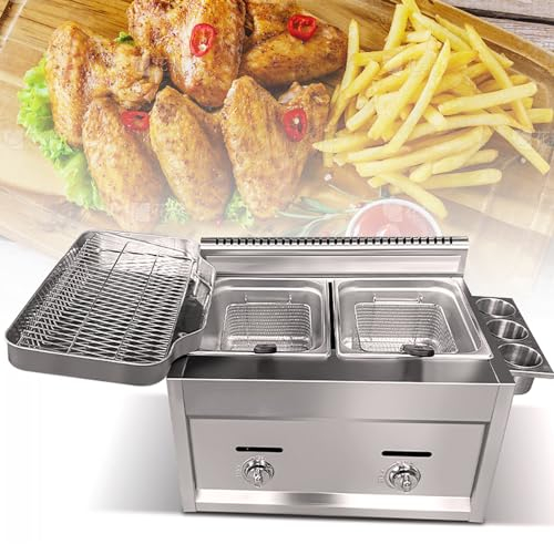 Friteuse à gaz, 16L/24L, acier inoxydable, Professionnelle Friteuse à Gaz Avec Panier Et Couvercle, pour Frites au Poulet Friteuse à gaz de Cuisine à Domicile Commerciale,8Lx2