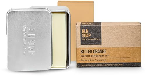 Feste Männerseife + Seifendose: Natürliche feste Seife für Männer, 3-in-1 Duschseife Herren für Hand, Körper & Haare, Nachhaltig & Vegan, 135 g Seifenstück inkl. Seifenbox mit Abtropfschale, BLN SOAP