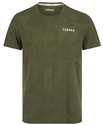 Camiseta deportiva de manga corta para hombre, mezcla de poliéster y elastano de alta calidad con patrón geométrico para gimnasio, correr, atletismo y uso diario, Verde oscuro/caqui, M