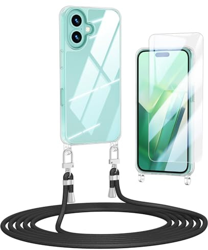 Anshow Verbesserte Handykette für iPhone 16 Hülle mit Band + 1 Schutzfolie, Necklace Stoßfest Handyhülle iPhone 16 Case Transparent Schutzhülle zum Umhängeband Abnehmbar, Schwarz