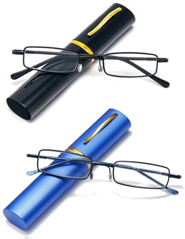 Hubeye 2 Pares Gafas de lectura portatiles de metal para hombre y mujer Anteojos de lectura con bisagras de resorte Gafas anti luz azul con carcasa metálicas 2.00