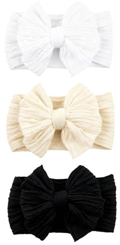 chiduerm 3 Pcs Baby Bows Headbands Soft Nylon Hairbands Super Elastic Headband Hair Accessories For Baby Girls Infant Toddler Essentials (Black Beige White, Mid)