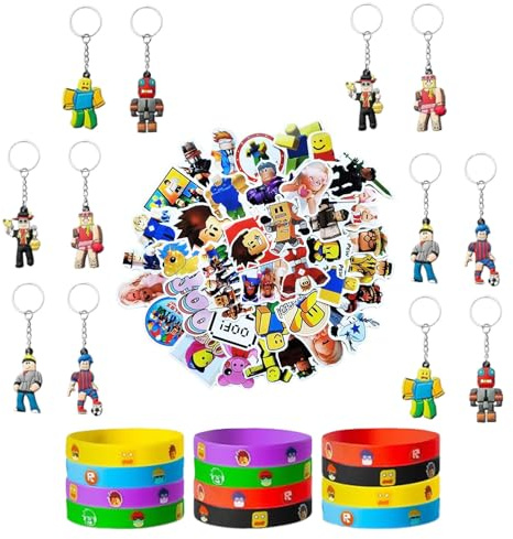 Jofiesu 74PCS Robot Blocks Party Favors Set Include 12 Bracelets and Keychains for Video Game Fans Colored Silicone Wristbands Rubber Key Chains Supplies Kids Birthday Themed Party