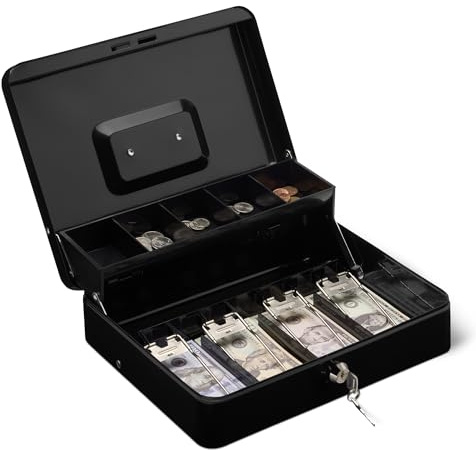Amazon Basics Cash Box with Lock Key and Money Tray, 9 x 30 x 24 cm (H x W x D), Black