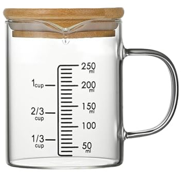 Pasdrucn Measuring Cups, Messbecher Glas Mit Deckel, Messbecher Klein, Glas Messbecher Set Mit Ausguss, Messkanne Aus Glas, Profi-Messbecher, 0.25/0.35/0.5/1Liter Messkrug Glas Krug (250ml)