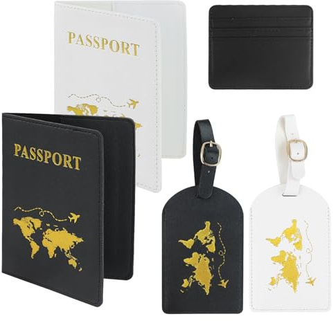3 Pièce Étui de Passeport en Cuir synthétique,Couvertures avec 2 Pcs Étiquettes à Bagages,Blanc et Noir Porte-Passeport Housse et Étiquette Identifier,pour Cartes de crédit