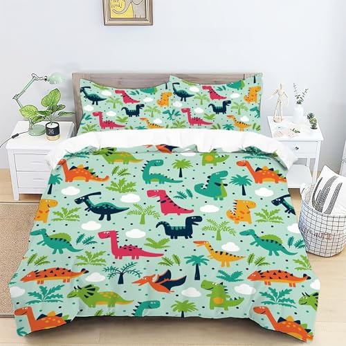 TKCQX Kinderbettwäsche 135x200 Cartoon Dinosaurier Bettwäsche 135x200 Kinder Junge Mädchen Bettbezug Dschungel Tier Dinosaurier Bettwäsche Set aus Mikrofaser mit Kissenbezug 80x80 cm