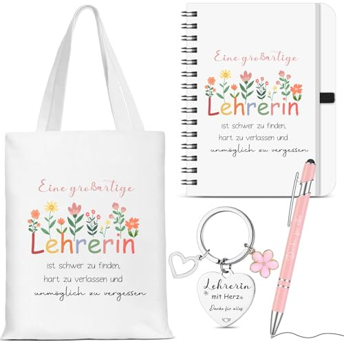 Hestya 4 Stück Abschiedsgeschenk Lehrerin Dankeschön Geschenke für Lehrer Stofftasche Notizbuch Metall Kugelschreiber mit Herz Schlüsselanhänger für Abschluss Danke Erzieherin