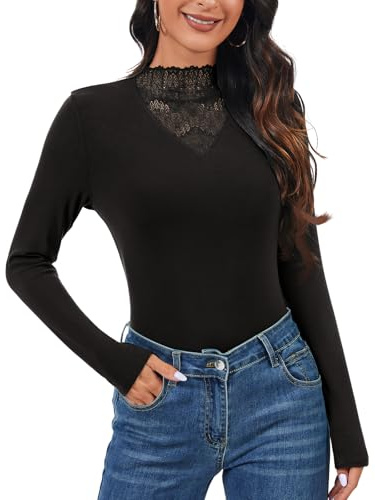 SERSARY T-Shirt Femme Manches Longues en Dentelle Col V Haut Col Montant Extensibles Tee Shirt Tunique Chemises Élégant Top Maillot de Corps Ajustée Hauts Tricotés,Noir,S
