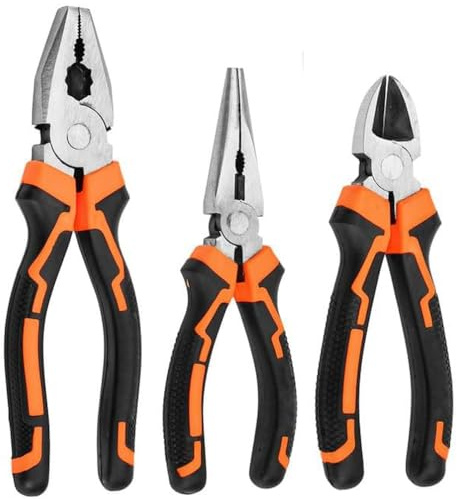 WOWEI Set di 3 Pinze, Taglio Laterale 160 mm, Becchi Lunghi 160 mm, Combinata 180 mm - Manici Morbidi Pinze Utensili a Mano per Riparazioni Domestiche e Meccaniche per Elettricisti Nero Arancione
