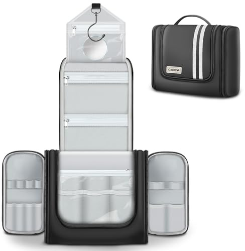 Carttiya Beauty Case da Viaggio da Appendere con Specchio Rimovibile – [Capacità 6.7L] Borsa da Toilette Impermeabile per Uomo e Donna, Beauty Case Grande Borsa da Bagno con Gancio Rotante 360° (Nero)