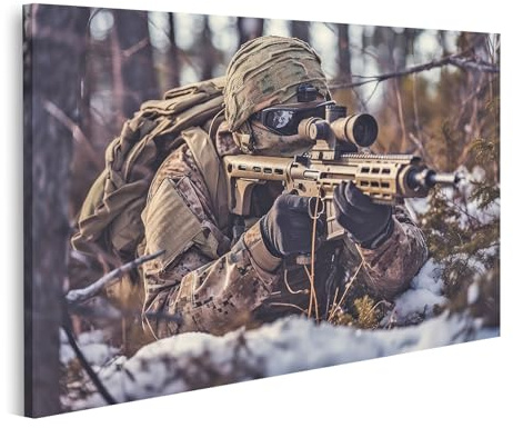 islandburner Bild auf Leinwand Soldat In Wintertarnung Mit Gewehr Im Wald Wartend Bilder Wandbilder Poster