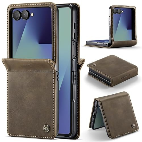 XKchatpt Étui Cuir PU Samsung Galaxy Z Flip 7, Marron | Protection de la charnière, Protection antichoc, Housse à rabat