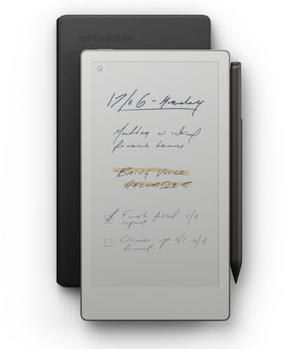 reMarkable Paper Pro Move - Leather Folio Bundle | Ultraportable Colour 7.3 Paper Tablet with Marker Plus Pen with Eraser, and a Book Folio Cover in Black Leather