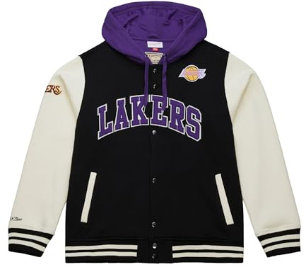 Mitchell & Ness Courtside Fleece NBA Vintage collegejacka med huva, färgkontrasterande ärmar, tryckknappslås, män, kvinnor, barn, unisex, vår, sommar, höst, vinter, Los Angeles Lakers, M
