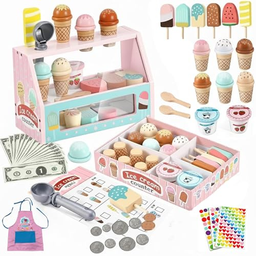 LEGTA 55 PCS Wooden Ice Cream Set for Kids – Wooden Ice Cream Cart & Counter Shop Toy, Play Food Kitchen Set, Role Play toys & Ice cream shop for Kids 3-7 Years Old, Birthday