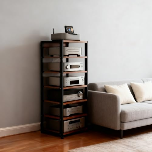 HiFi Rack AV Shelf 7-Tier Av Media Stand With Wheels, HiFi Amplifier Rack/Audio-Video Shelving - CD Record Player Stereo Receiver AV Equipment Cabinet Display Stand(Teak color)