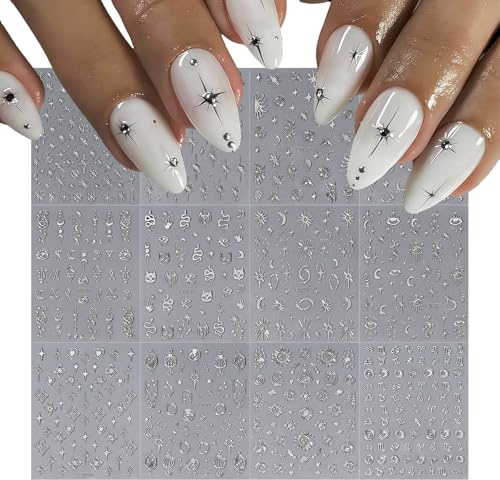12 Blatt silberne Nagelsticker, Stern- und Mondmotive, selbstklebende Schlangen-Nagelsticker
