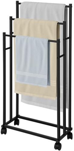 Handtuchhalter Stehend Handtuchständer Badetuchhalter Rollen Schwarz | Handtuchstange Halter Freistehender Metall 3 Stangen ohne Bohren für Badezimmer Handtücher Badetücher 44,5 x 21,5 x 86 cm