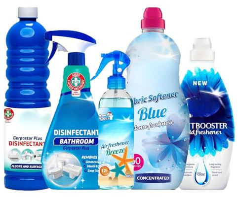 Spanish Cleaning Products Blue Bundle | Air Freshener Breeze Spray 400ml, Disinfectant Bathroom Spray 720ml, Floor & Surface Cleaner 1L, Fabric Softener 60 Wash & Scent Booster 36 Wash