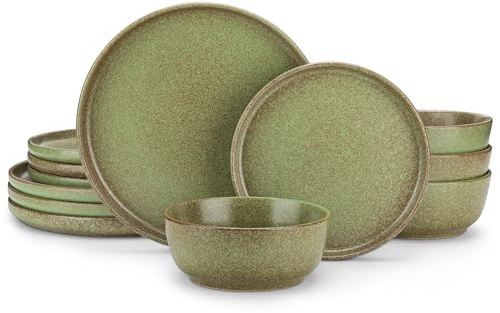 vancasso Zermatt Dinner Set 12 Pieces, Reactive Glaze Plates and Bowls Set for 4, Stoneware Dinner Set for 4 Kitchen Essentials, Green