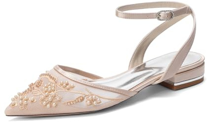 Yhsdfcn Bailarinas Slingback de Punta para Novia, Zapatos Planos con Talón Abierto y Tira al Tobillo, Zapatos Elegantes con Malla y Bordado Floral,Champagne,39 EU