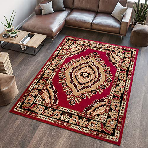 TAPISO Atlas Teppich Kurzflor Rot Beige Traditionell Orientteppich Klassisch Floral Orient Design Vintage Wohnzimmer Schlafzimmer ÖKOTEX 200 x 300 cm