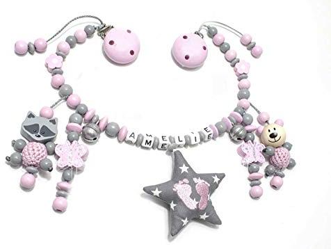 Kinderwagenkette mit Namen Mädchen rosa grau Teddy Knisterstern