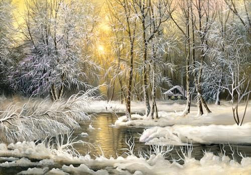 Wesmilewallpapaer Tapete Fototapete 3D Effekt Wald Fluss Schneeflocke Sonnenuntergang Landschaft 350x245cm Seide Vliestapete Wandbilder Wanddeko Wohnzimmer Schlafzimmer