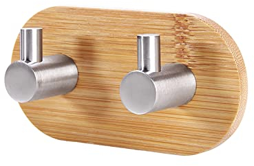 MISNODE Wall Adhesive Hooks, Heavy Stainless Steel Towel Hook with Bamboo Decor, Wall Hooks Door Hooks Waterproof No Punching Coat Hooks Holders, Wall Mounted Door Hanger for Bath Kitchen
