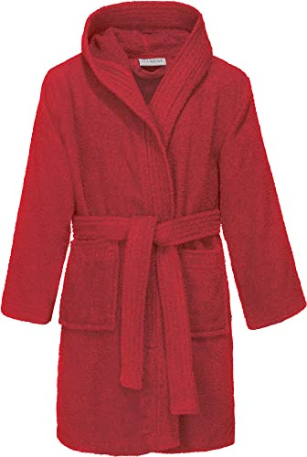 REDBEST Kinder-Kapuzen-Bademantel 100% Baumwolle Frottier, Serie Chicago - saugstark, strapazierfähig, mit Taschen und Bindegürtel - rot Größe 110-116