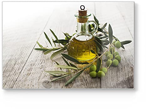 DEQORI Schneidebrett aus Glas | groß 30x20 cm | Motiv Olivenöl mit Olivenzweig | Design Schneideplatte für Küche | Frühstücksbrett antibakteriell & rutschfest | Glasplatte & Servierplatte