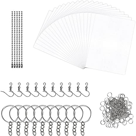145 Stück Schrumpffolie Set Schlüsselanhänger, 20 Stück Schrumpffolie Zum Basteln, Schrumpffolien Set mit Offener Schlaufe, Schlüsselring, Perlenkette und Ohrhaken Shrink Plastic für DIY-Basteleien