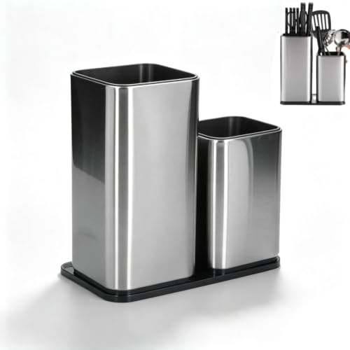 Cyrank Knife Storage, Kitchen Universal Knife Block Without Knives | 2 in 1 Stainless Steel Kitchen Knife Holder Utensil Holder Detachable Storage Block with Slot Holds 12 to 8 Inch Knives