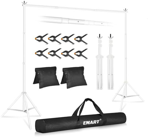 EMART Backdrop Stand 2mx3m(HxW) Photo Studio Adjustable Background Stand Support Kit with 2 Crossbars, 8 Backdrop Clamps,2 Sandbags and Carrying Bag for Parties Events Decoration - White