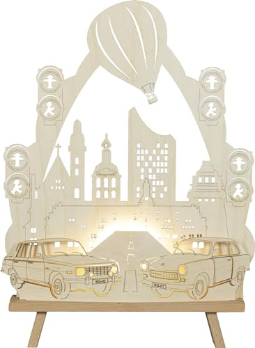 Rudolphs Schatzkiste Lichterspitze Trabant & Wartburg LED-Beleuchtung Natur BxHxT 32x44x6cm NEU Schwibbogen Lichterbogen Fensterbogen Spitzbogen Erzgebirge Weihnachten Bergbau Bergmann Licht Holz