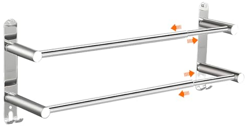 DAGORD Handtuchhalter Wand Edelstahl Glänzend Handtuchhalter Bad Ausziehbar 2 Stangen 43-75cm mit Haken Badetuchhalter Wandmontage mit Bohren und Klebend - 2 Installationsmethoden für Badezimmer Küche