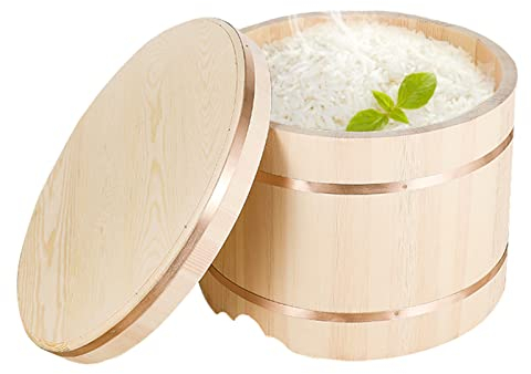 Japanische Sushi-Reisschüssel mit Deckel, rund, weißes Kiefernholz, rotes Kupferband, Sushi-Reis-Rührwanne, Reis-Rührschüssel für Restaurant, Zuhause, Küche, kleine Größe (große Größe)