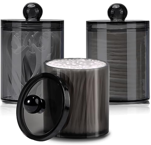 AIMIXUN 3 Stk Wattestäbchen Behälter, Wattepads Aufbewahrung, Behälter für Wattepads, Organizer Wattepads und Wattestäbchen, Transparent Schwarz Dispenser Apothecary Jars Bathroom Set