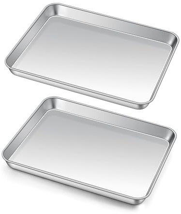 Homikit Small Baking Tray Set of 2, Stainless Steel Mini Oven Pans, Silver | 26.4x20.4x2.5cm for Small Baking Roasting Serving, No Coatings & Healthy, Sturdy & Non-rust, Mirror Finish & Dishwasher Safe
