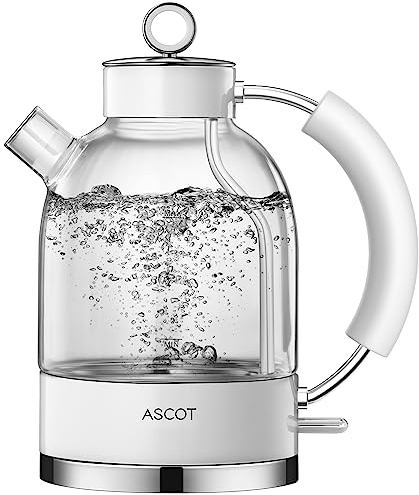 ASCOT Electric Kettle, Glass Electric Tea Kettle, Gift for Man/Women/Family, 1.5L Glass Tea Heater & Hot Water Boiler, BPA-Free, Auto Shut-Off and Boil-Dry Protection (White),(K1)