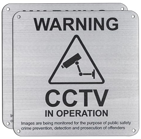 flintronic-2 packs CCTV in Operation Sign, 15x15cm Self Adhesive CCTV Camera Security Signs, Brushed Aluminium CCTV Sign With 4 Reserved Holes,WARGING Sign Rust Free Waterproof UV Resistant