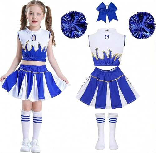 Gekyve Deguisement Pompom Girl Uniforme De Pompom Girl Fille Costume Cheerleader Filles Avec Pompoms Et Chaussettes DéGuisement Pompom Enfant Sans Cosplay Costume Carnaval Mascarade,Blue 160