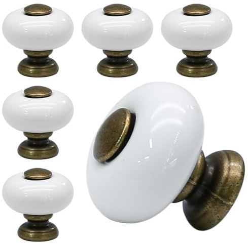 Suiwotin 6pcs White Ceramic Drawer Knobs, Vintage Dresser Knobs with Antique Bronze Point & Base, Decorative Pull Handles for Closet, Cupboard (Small)