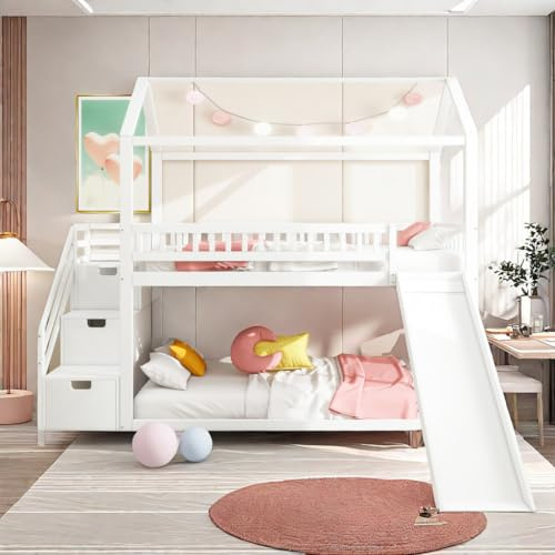 Sapgaks Lit Cabane Enfants 90x200 Lit superposé Enfant lit Double lit Simple lit Mezzanine, Construction Haute de clôture, Cadre de lit en Bois Massif, Blanc