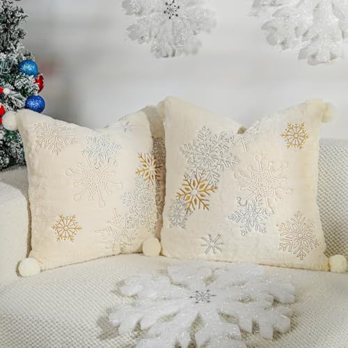 Lewondr Christmas Throw Pillow Cover, 18x18 Inch, Set of 2, Oatmeal | Faux Fur, Cozy Soft, Plush Ball with Luxury Sequins Embroidered Snowflakes, For Bed Home Decor Living Room