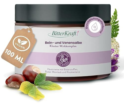 BitterKraft! Bein‑ & Venensalbe 100 ml – nach Hildegard von Bingen – natürliche Durchblutungs-Pflege mit Rosskastanie & Rotweinblättern – ohne Zusatzstoffe – 100 % Natur – Made in Germany