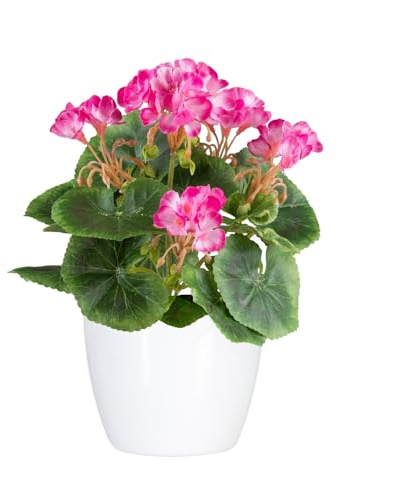 CREATIV green künstlicher Geranien-Busch 24cm in rosa I Geranien künstlich mit 5 Blüten in weißem Keramiktopf I künstliche Geranien UV-beständig & realitätsnah I stilvolle Kunstblumen wie echt
