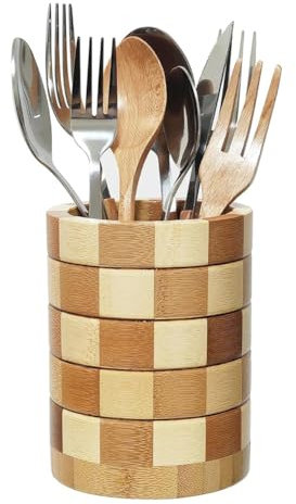 TOBEOME Soporte para Cubiertos de Bambú, Organizador de Cubiertos, Soporte para Utensilios para Encimera de Cocina, Organizador de Utensilios de Cocina de Madera